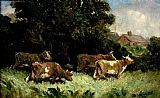 Edward Mitchell Bannister Canvas Paintings - five cows in pasture, rooftop in background